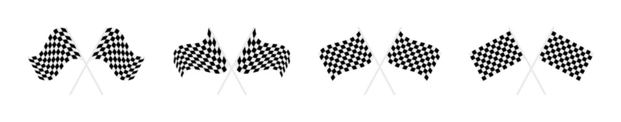 Fototapeta premium Collection of checkered flags waving on white background, symbolizing victory and competition