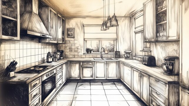 Sketch of a cozy L-shaped kitchen with cabinets, appliances, and a window.