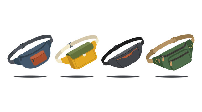 A collection of four colorful fanny packs worn around the waist for convenient storage of personal items
