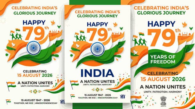 Vibrant vector graphic celebrating India's 79th Independence Day with patriotic design elements, symbolizing national unity, freedom, and a glorious journey of progress