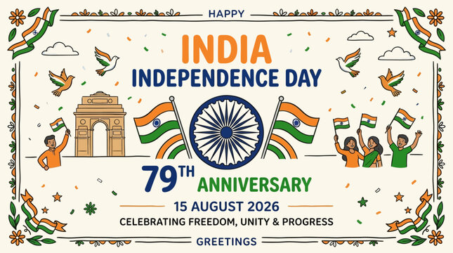 Celebrate India's 79th Independence Day Anniversary on August 15, 2026, with patriotic vector graphics and greetings celebrating freedom, unity, and progress