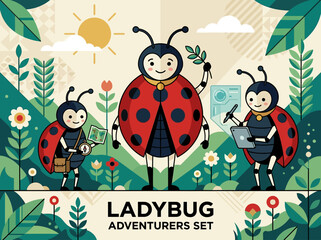 Fototapeta premium Cute Ladybug Adventurers Flat Illustration with Map, Compass, and Tablet for Nature Exploration and Educational Design