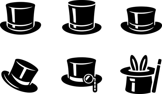 Vector icon magic hat magician illusion rabbit wand black silhouette set