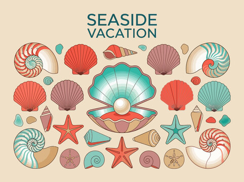 Seaside Vacation Retro Vector Illustration with Seashells, Starfish, and Pearl Oyster Collection