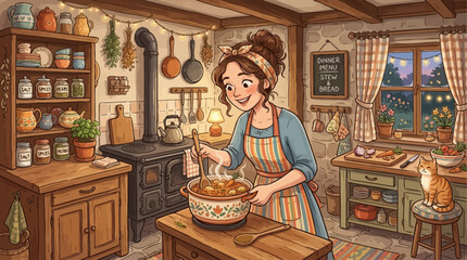 Plakat Woman baking food in a cozy kitchen with cat and table