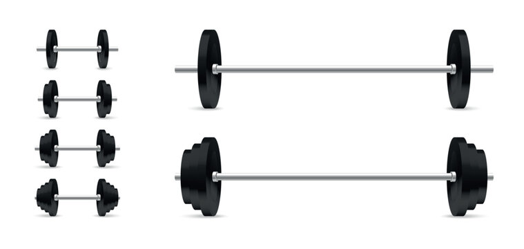 Collection of weightlifting equipment including dumbbells and barbells