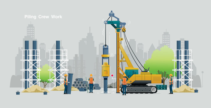 A team of workers and pile driving rigs that prioritizes safety.