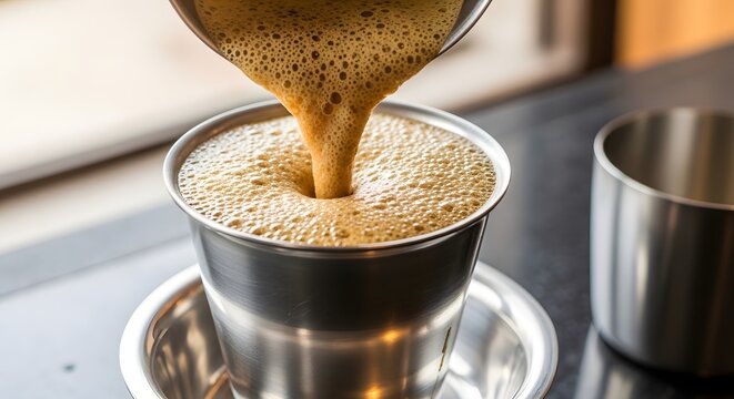 Hot South Indian Filter Coffee Being Poured into a Traditional Stainless Steel Tumbler and Saucer, Close-up