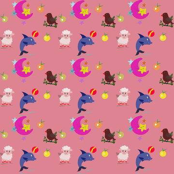 Adorable seamless vector pattern with dolphins, sheep, moon, stars and birds. Perfect for textile fabric, nursery decor, wallpaper, wrapping paper and cute kids surface design.