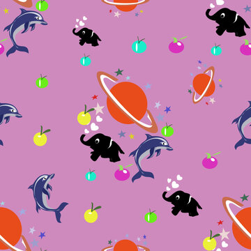 Playful seamless vector pattern with dolphins, elephants, planets, fruits and stars. Perfect for textile fabric, wallpaper, wrapping paper, nursery decor and kids surface design.