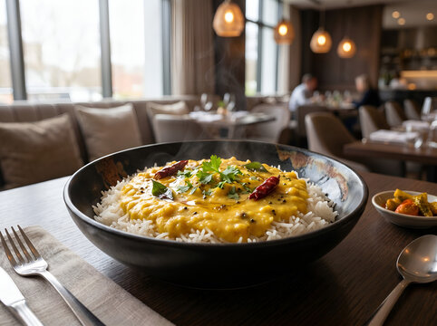 Ultra Realistic Kadhi Chawal. Traditional Indian Food Photography in Restaurant Style 4K