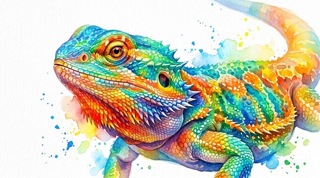 A vibrant, colorful lizard with a mix of blue, green, orange, and yellow scales, set against a white background with watercolor splatters.