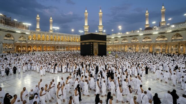 Muslim pilgrims performing Tawaf around the Kaaba at night
