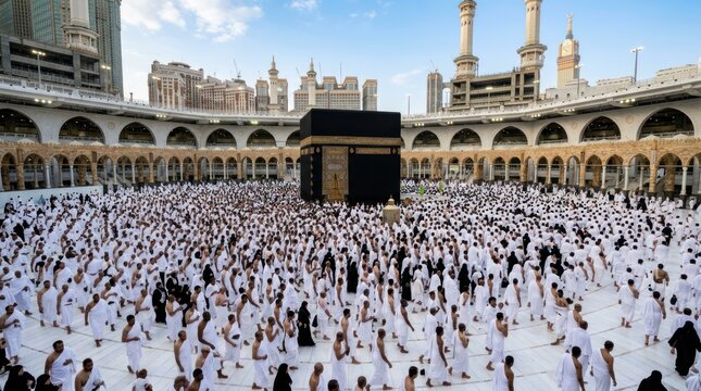 Muslim pilgrims performing Tawaf around the Kaaba in Mecca