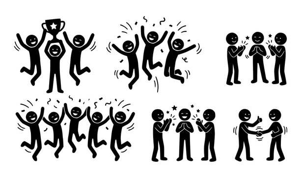 Black stick people celebration vector collection with victory teamwork and happy group actions