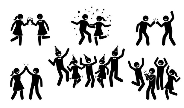 Minimal black stick figure celebration characters with joyful social interaction poses vector set
