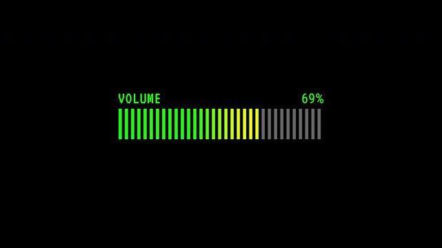 Volume Control Bar Animation on Black background,  volume sound icon level down to up animated. 4K video.
