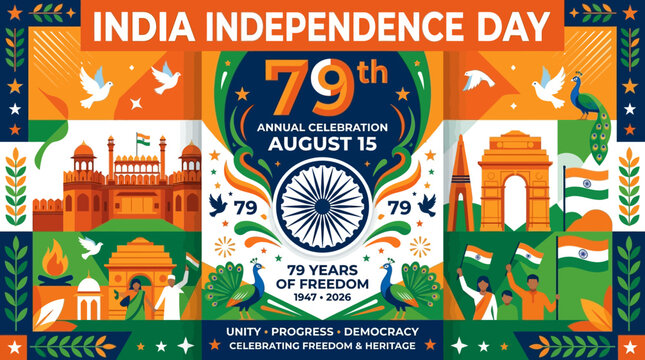 Vibrant Illustration Celebrating India's National Independence, Highlighting Historic Landmarks, Patriotic Symbols, and Unity in Diversity on August 15th