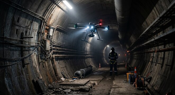 An industrial quadcopter drone flies through a dark, narrow underground concrete tunnel, using bright onboard lights to assist an inspection worker