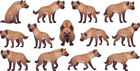Set of african spotted hyena vector illustrations in various walking and stalking positions for safari wildlife design elementsSet of african spotted hyena vector illustrations in various walking and  © Snowar