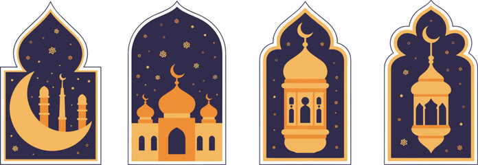 Islamic motifs featuring mosques crescent moon and lanterns against a starry night sky vector © QueenMomtaz 