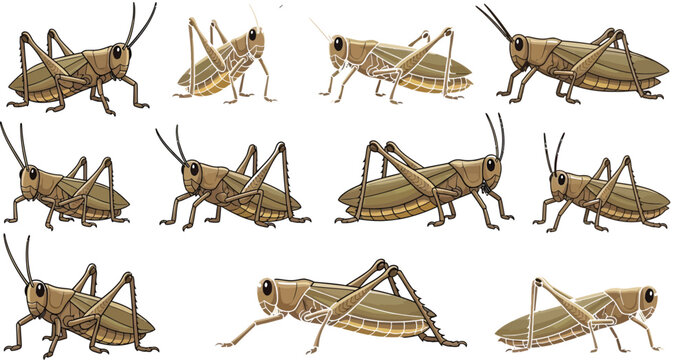 Set of brown grasshopper vector illustrations in various crawling and standing positions for garden insect design elementsSet of brown grasshopper vector illustrations in various crawling and standing