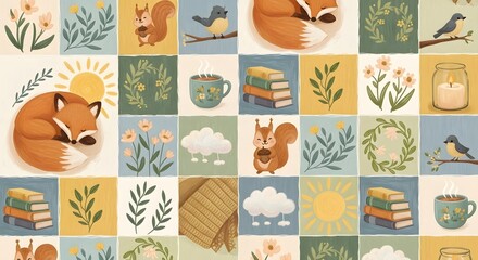 Obraz premium Whimsical Cozy Grid Pattern Illustration with Adorable Woodland Animals and Nature Elements for a Warm and Inviting Ambiance