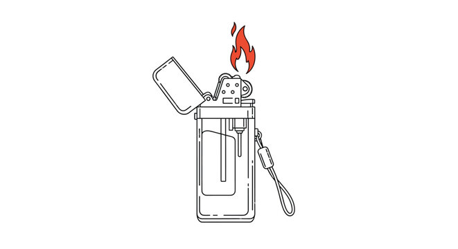 Simple line art drawing of a pocket cigarette lighter with an open lid and a small red flame being produced for fire.