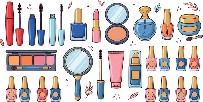 Cosmetics and makeup vector illustration set featuring lipstick, mascara, nail polish, eyeshadow palette, perfume, and mirror icons isolated on white background.