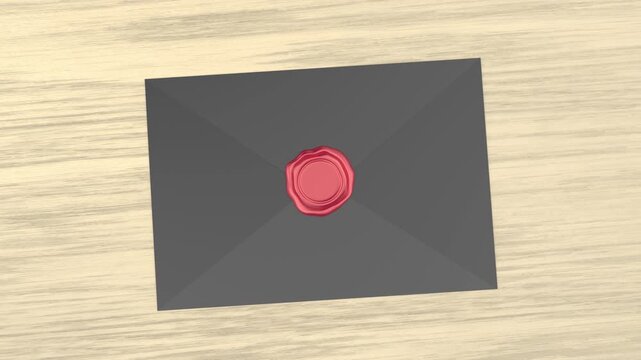 Black envelope sealed with red wax on a wooden table