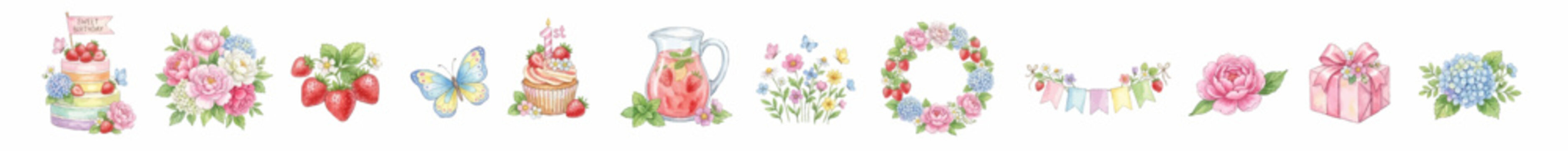 Cute floral summer party elements with berries and butterflies. Collection of Vector illustrations for invitation, card, poster, banner, decoration