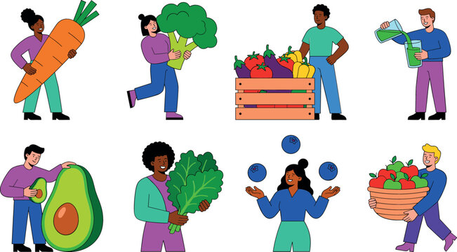 Diverse flat people vector set with healthy lifestyle characters holding giant vegetables and fruits like carrot broccoli avocado apple berry and kale