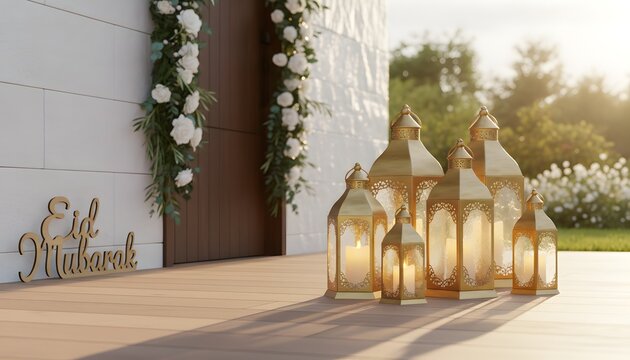 Elegant gold lanterns on a porch of a decorated house for Kurban Bayram and Eid al Adha celebration concept featuring floral garlands and traditional holiday greeting sign
