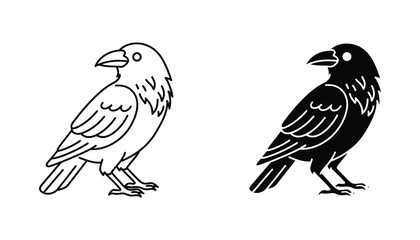 Obraz premium Raven bird silhouette and outline icon set for gothic and nature design vector art