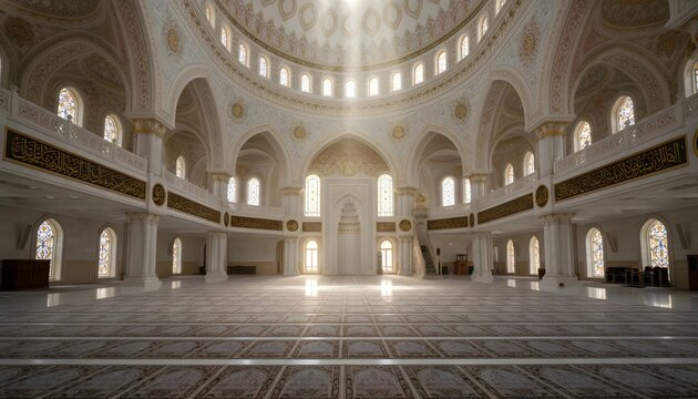Grand mosque interior with divine light rays for kurban bayram and eid prayer celebration concept, featuring ornate architecture and a spiritual atmosphere
