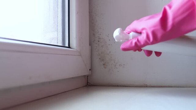 Person in pink gloves cleaning mold on window sill and walls using antifungal spray. Removing toxic black mold and mildew from window frame and plaster. Home maintenance and hygiene.