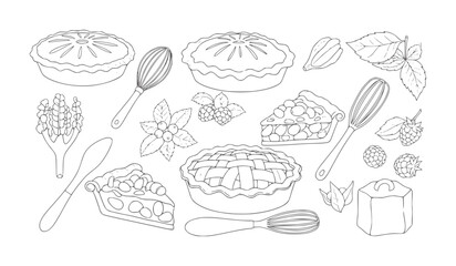 Hand drawn line collection of pies berries and baking utensils berry raspberry blueberry © Musfiqur