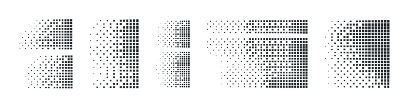 Abstract geometric patterns composed of black squares fading in and out on a white background