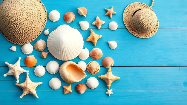 Seashell collection on blue wooden surface, coastal summer aesthetic.