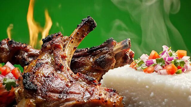 Grilled Lamb Chops with Herbs and Rice Served with Salsa on Vibrant Green Background for Culinary and Restaurant Visuals