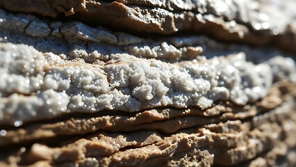 Fototapeta premium Shiny fibrous minerals in ancient rock layers, silver-white luster, natural geological texture.