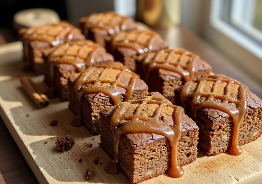 Deliciously rich chocolate brownies topped with a drizzle of caramel sauce and a dusting of cinnamon, arranged on a wooden board.
