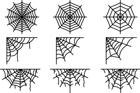 Halloween spider web vector illustration set featuring spooky corner borders and round cobweb line icons isolated on white background.