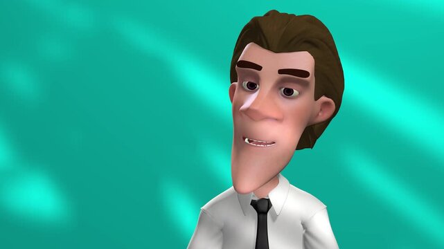 3d animation, one cartoon character speaking in front a blue background