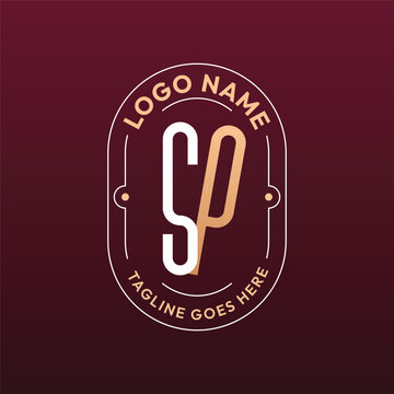 SP Letter Logo Monogram, Letter SP Logo Design Elegant Burgundy Rose Gold Oval Badge Template