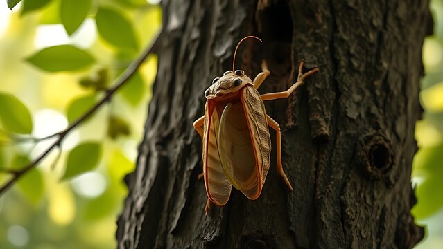 Empty cicada shell on tree bark with green leaves, symbolic transformation in soft morning light.