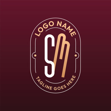 SM Letter Logo Monogram, Letter SM Logo Design Elegant Burgundy Rose Gold Oval Badge Template