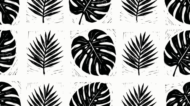 Monochrome tropical leaf pattern featuring monstera and palm silhouettes for bold decorative design.