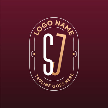 SJ Letter Logo Monogram, Letter SJ Logo Design Elegant Burgundy Rose Gold Oval Badge Template