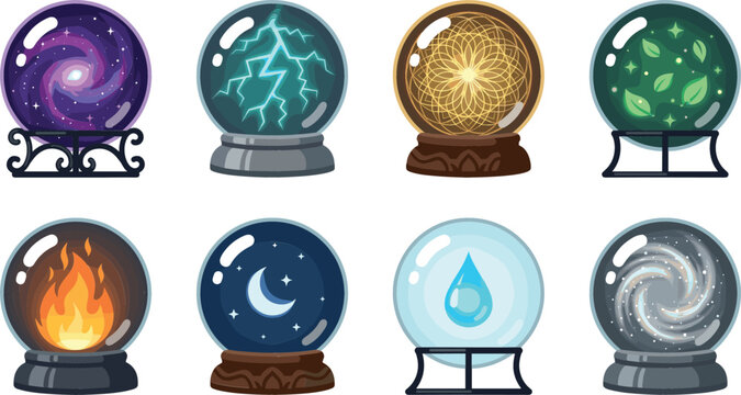 Magic crystal ball vector illustration set featuring mystical glass globes with elemental fire, water, lightning, galaxy, nature, and moon fortune telling designs
